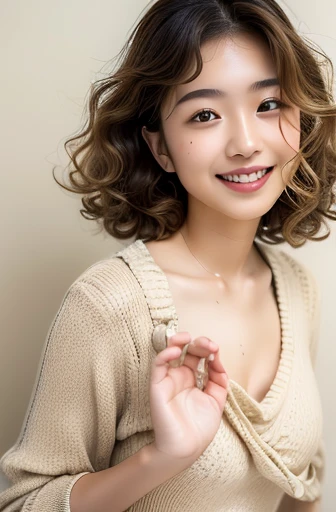 (Very cute 20 year old young woman from Japan), ((delicate hair between brown and blonde)), ((messy side wave short hair)),medium bust size、small tits、 (((Clean hands))),(Curly hair),(((Very sweet smile))), (((Wearing a beige knit one-piece dress, But that is'turned over by her hand.))),(((She is wearing a bikini))) ((of the highest quality, 16 K, masutepiece: 1.3)), Light on Face, hyperdetailed face, very detailed lips, Detailed eyes, City Street,Angle from below:1.5,
