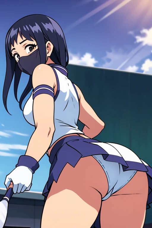 tennis girl's massive rear butt cheeks out of bottomless slutty mini skirt out bare, bent over showing her butt, gloved hands hidden behind head inside two sleeves, blindfold