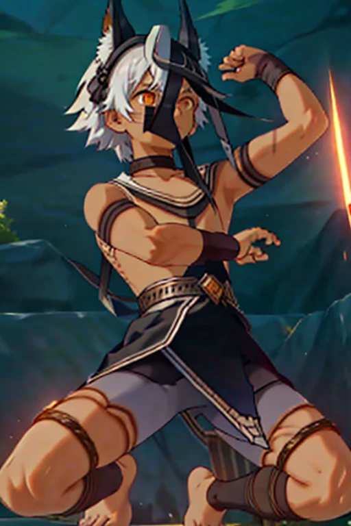 Tied up Fight masterpiece juvenile thin male Kneel Raised arms Embarrassing thin体 Surreal Embarrassing Gray Hair Orange Eyes tights Hair to shoulders Electricity all around Get wet Big eyes