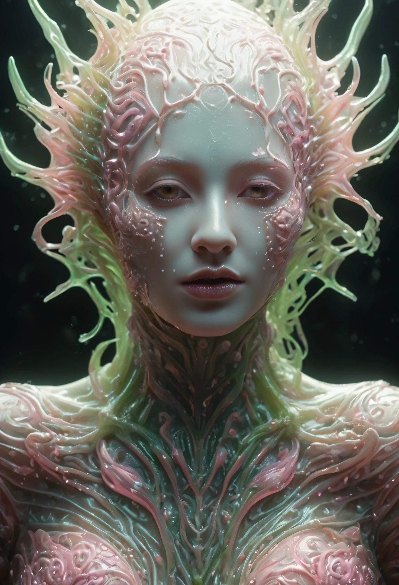 Detailed art in alluring and frightening hues, presenting a beautiful and obscene female alien with a captivating allure. (Vulgarity:1.7), her eyes radiating no pupils yet exuding an evil seductive gaze. (Transparent skin:1.7) grants an uncensored view of her body, while a female genital-like organ graces the center of her forehead. (The most beautiful face in the universe:1.2) descends upon her features, adorned with sharp vampire teeth and a big, inviting mouth. A full-body portrait unfolds, revealing an extraterrestrial being of fused cells, (glowing eyes:1.4)