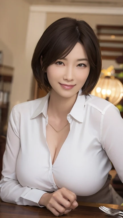 sakiokuda_united states of america, Mature Woman, ((Mature Woman)), Big Breasts, Mature makeup, Pronounced cheekbones, Black eyeshadow, eyelash, Detailed face, Fine grain, Attractive body, White collar blouse,　((Tabletop))、
A gentle smile、A gaze that seduces viewers、
(Ulzzang-6500:0.1), (Ultimate Quality, masterpiece, High resolution:1.0), (photoRealistic, Realistic:1.9),