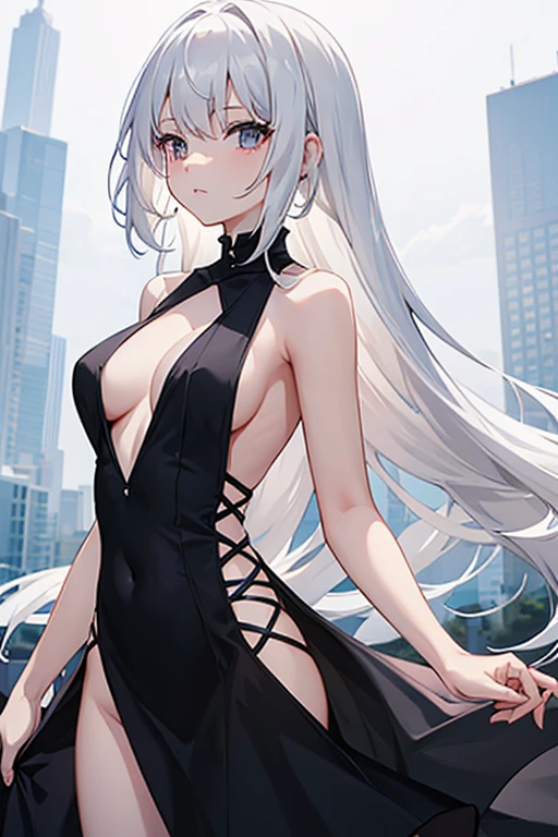A white-haired girl in a black dress with a backless body