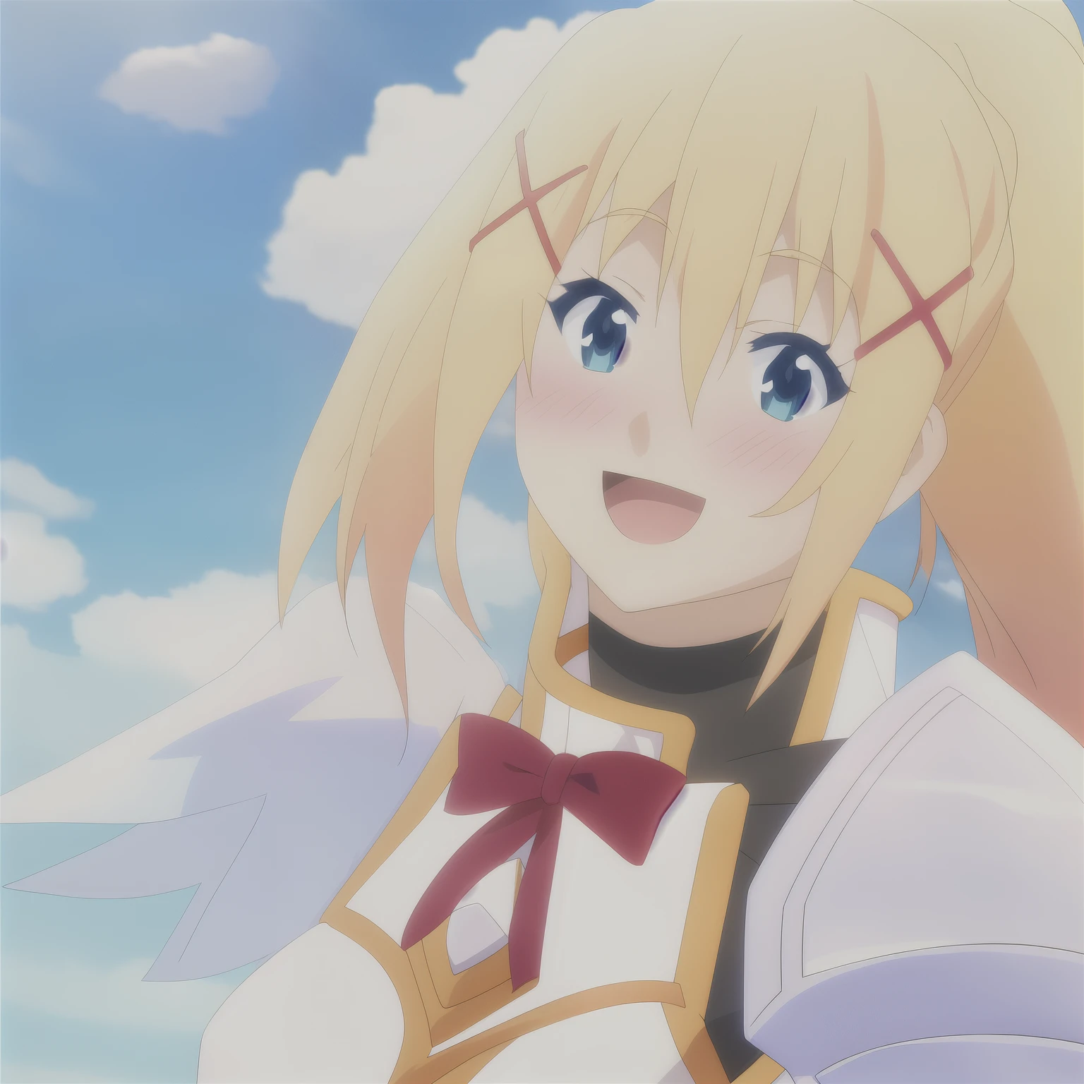 darkness, 1girl, solo, long_hair, blush, smile, open_mouth, blue_eyes, blonde_hair, hair_ornament, bow, hair_between_eyes, upper_body, ponytail, :d, sky, day, cloud, armor, blue_sky, parody, x_hair_ornament,  meme
