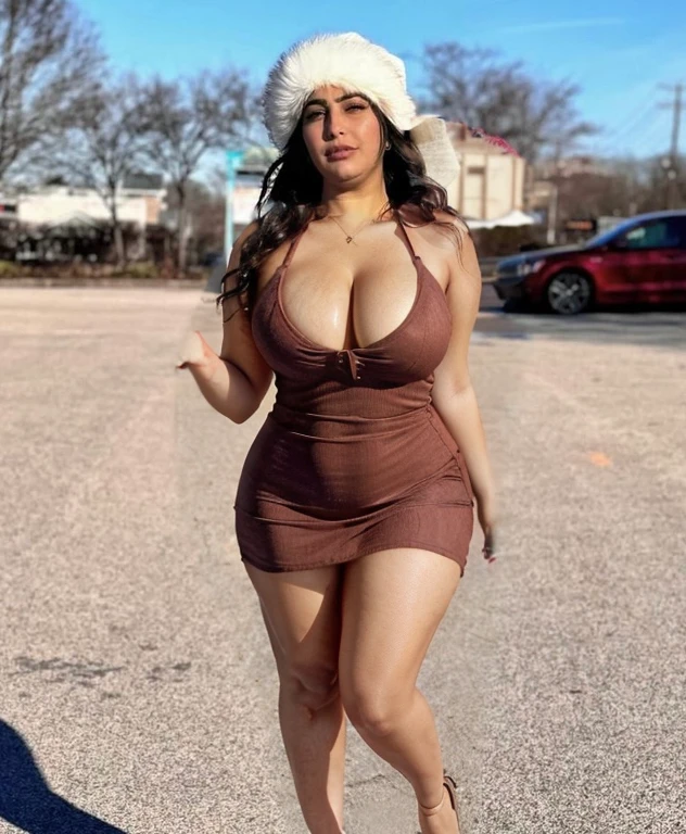 Halter top Button up drees, short dress, curvy body, cleavage, Arab skin color, curvy, low cut, big cleavage, , legs, thighs, short dress, upper thighs exposed, breasts