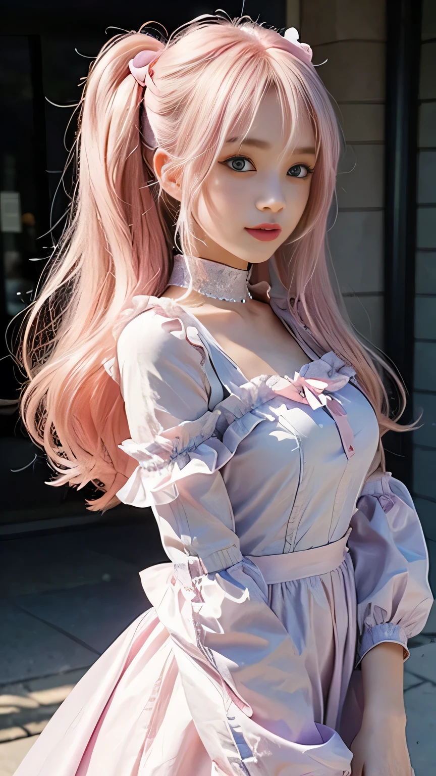It shows an anime-style character of a 20-year-old woman, painted with soft colors and delicate details。She has long light pink hair、Partially wavy。With large, expressive blue eyes、Her light pink cheeks accentuate her pretty appearance.。
She wears a lavender colored dress with an elegant high-collar bow and ruffle details.、Transparent fabric is used。This character represents elegance and purity.、The overall design is very romantic.、It has a soft atmosphere。Smiling