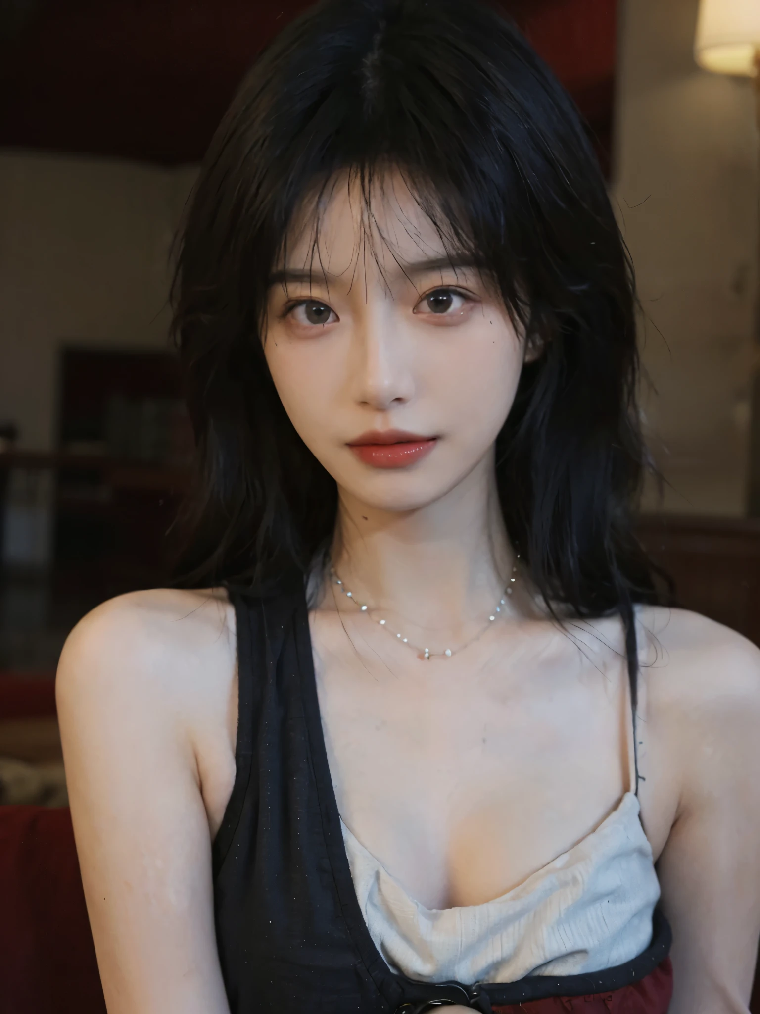 Film Portrait Photography, 2 girls, Bare shoulders,lipstick,(flat chest:1.4), Wear a necklace,Cute expression,Exquisite makeup,Red suspenders,serene, calm, (Realistic and detailed eyes, Natural skin texture, Realistic facial details), Large Breasts:1.6,Large Breasts,Soft dramatic lighting, Depth of Field, Bokeh, Vivid details, Detailed and detailed, Surrealism, 35 mm film, hazy, ,