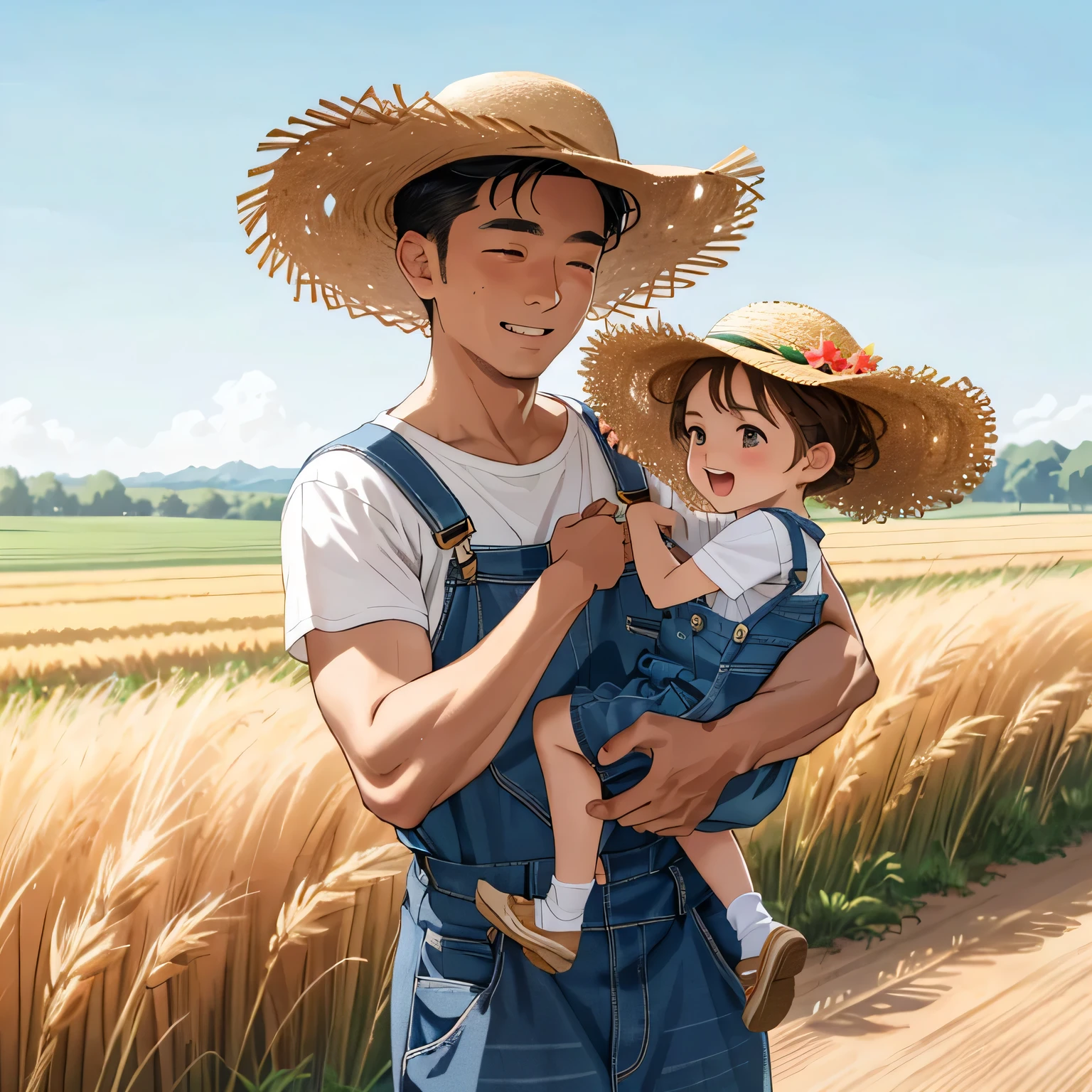 High quality realistic Anime style, high definition high quality realistic, shaded, photorealism, Ray tracing, 8k, uhd, masterpiece, small male ???, peasent farming clothes, black hair, yellow eyes, sweating from work, on a farm field, smiling, side by side to a woman backwards using medieval farming clothes.