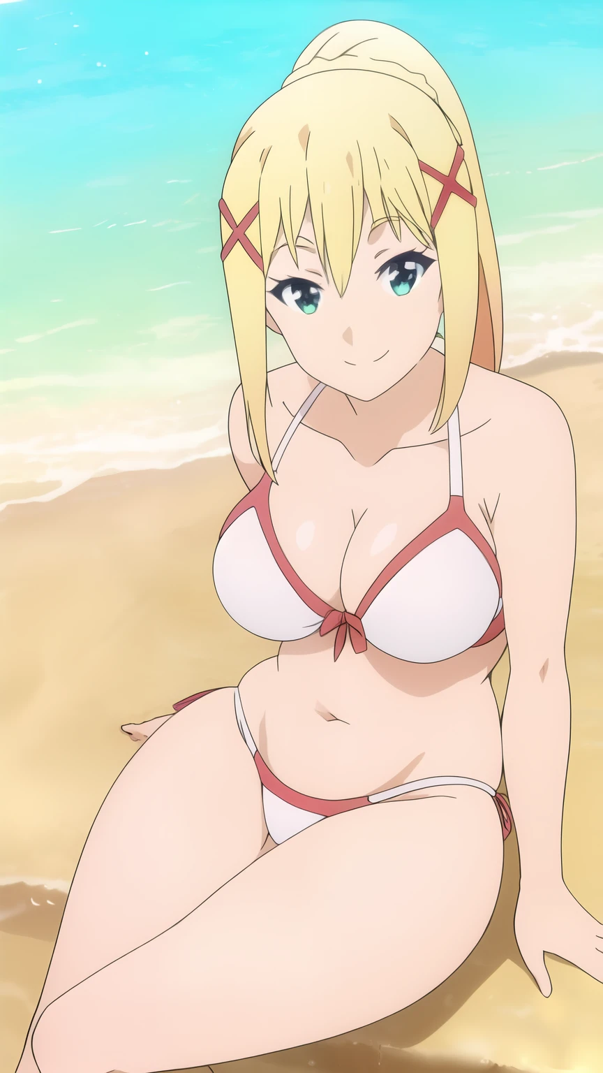 1 girl, solo, legs crossed, swimsuit, bikini, smile, front view, looking at camera, x hair ornament, large breasts, blonde, ponytail, perfect, good quality, masterpiece