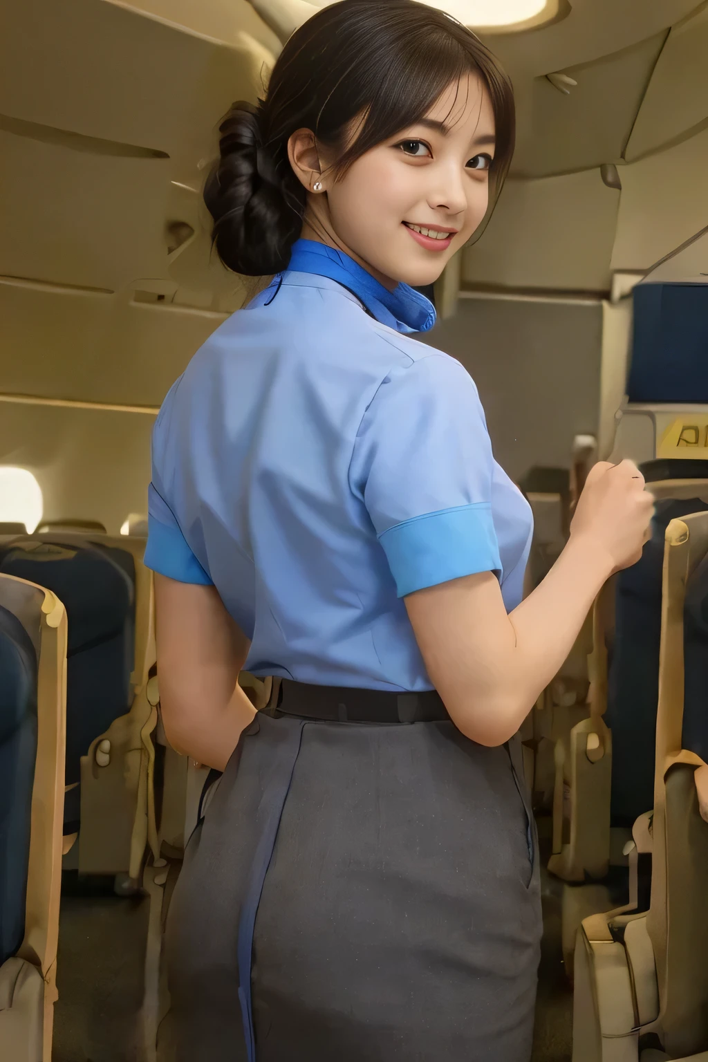 (ANA cabincrew uniform)、(Short sleeve light blue blouse)、(Scarf around the neck)、(Long hair updo、Chignon)、Young Asian Woman、smile