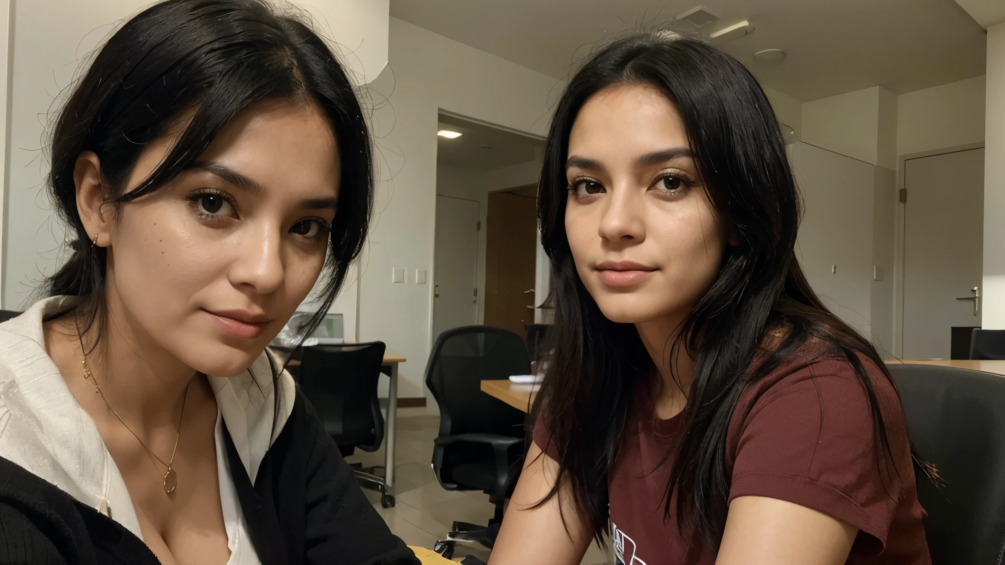 A woman, black hair, Brazilian, panoramic view, studying and defending her ideas in a room with your colleagues, Her age, though not explicitly stated, exudes a sense of maturity and wisdom. Her face and features are incredibly detailed, each line