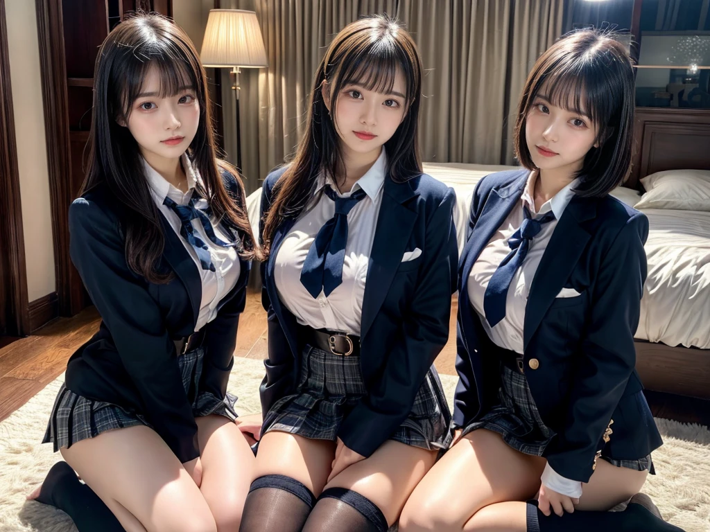 (8K, Raw photography, top-quality, masterpiece:1.2), master piece, best quality, illustration, Super detailed, fine details, High resolution, 8K,wall paper, perfect dynamic composition,(Details High quality, realistic depiction of eyes:1.3), ((2 girls, 2 schoolgirls)), The background is a luxury hotel room、High school girl uniform、blazer 、Super Short Check Uniform Skirt、Navy blue high socks、garterbelts、Colossal tits、Disturbed uniform, Play with each other,Touching each other's bodies,Touching the body of the girl next door, short bob hair, black hair color, huge breasts, Big Natural Color Lip, bold sexy pose, (perfect body shape), crying a little、cold gaze, Beautiful makeup,glitter makeup,Cutest 18 years old, beautiful legs, hposing Gravure Idol, Voluptuous thighs