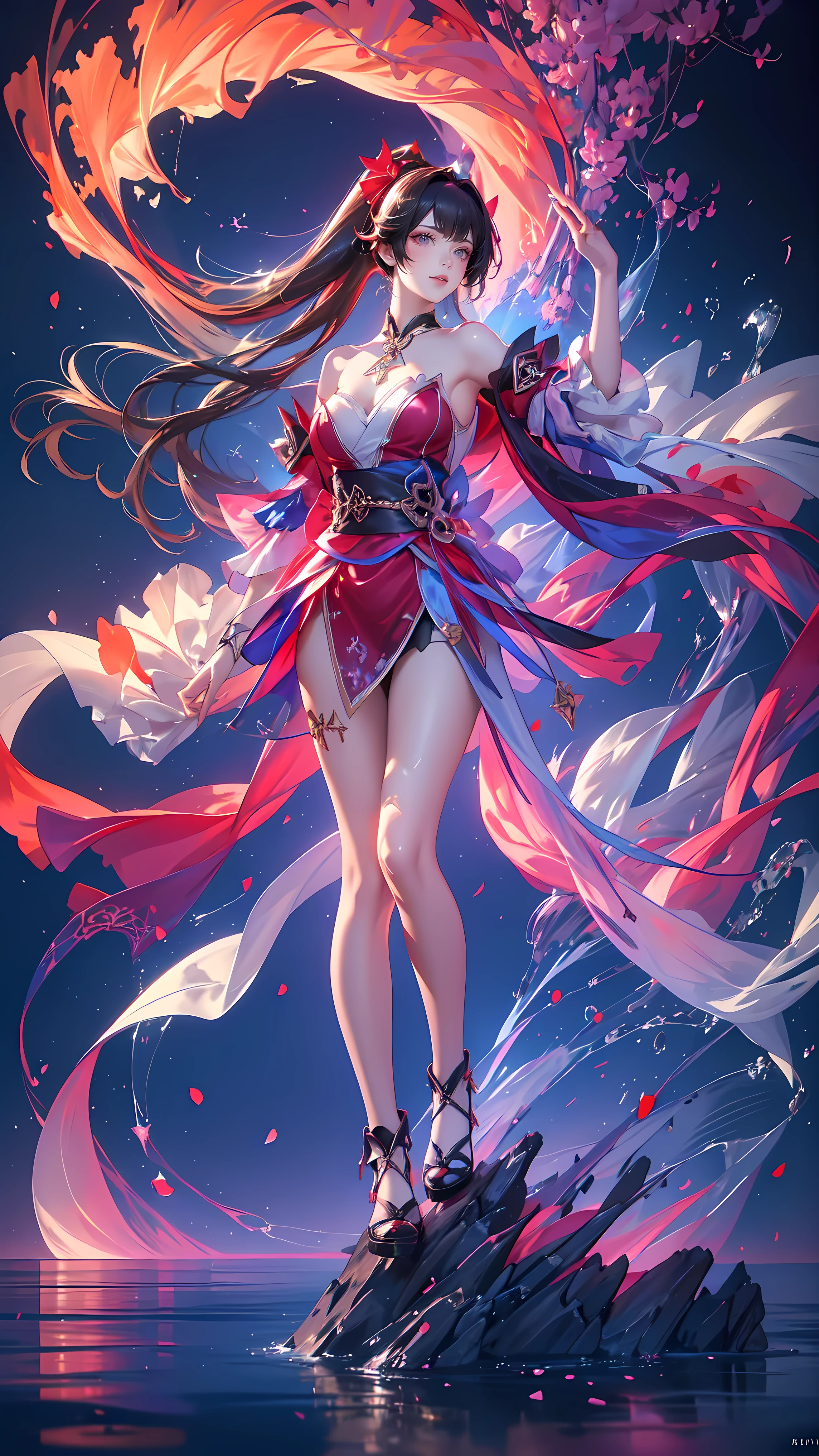 (((FULL BODY POSE))) (((SHOW PANTIES))) (((BIG GIANT BOOBS))) (((BRUNETTE HAIR WITH TWO PONY TAIL))) ((GOOD FINGER, ANATOMY CORRECTED)) (((RED LUXURY ARISTOCRATIC NOBLE COSTUME WITH FOX BROCHS))) | A WOMEN WEAR ((SEXY OUTFIT)) FLOATING IN THE WATER ((BLUE SKY BACKGROUND)) ((FLOWER PETALS FAILING BACKGROUND IS A BLUE SKY)))) HORIZON PLANET FULL OF (((STARS))) | big eyes, ((big boobs)) sexy pose, big thigh, full body, large breasts, open legs, show panties, smile, portrait knights of zodiac, extremely detailed ((pixiv arts)), high detailed official artwork, [ tarot card ]!!!!!, detailed key anime art, knights of zodiac anime, beautiful celestial mage, firefly from honkai star rails, full body | (dynamic angle:1.1), outline, ((thick line art)), cover, stylish, official art, (details:1.2), (fantasy), garden, (bloom:1.1), glow:0.2, shadow, nature, flower, splash water, crystal, snowflakes, particles, bokeh, anamorphic light (depth of field), sharp focus, (volumetric lighting), (bokeh:0.6), film grain:0.4, (soft lighting:1.1) (VIGNETTE:1) | high-quality, ultra-detailed illustrations, ultra-high resolution, (high resolution, overwhelmingly pixel-perfect, luxurious illustration), (Ultra Quality, Masterpiece, Ethereal:1.4) photorealistic:.1.4, UHD (8k, RAW photo, best quality, masterpiece:1.2)