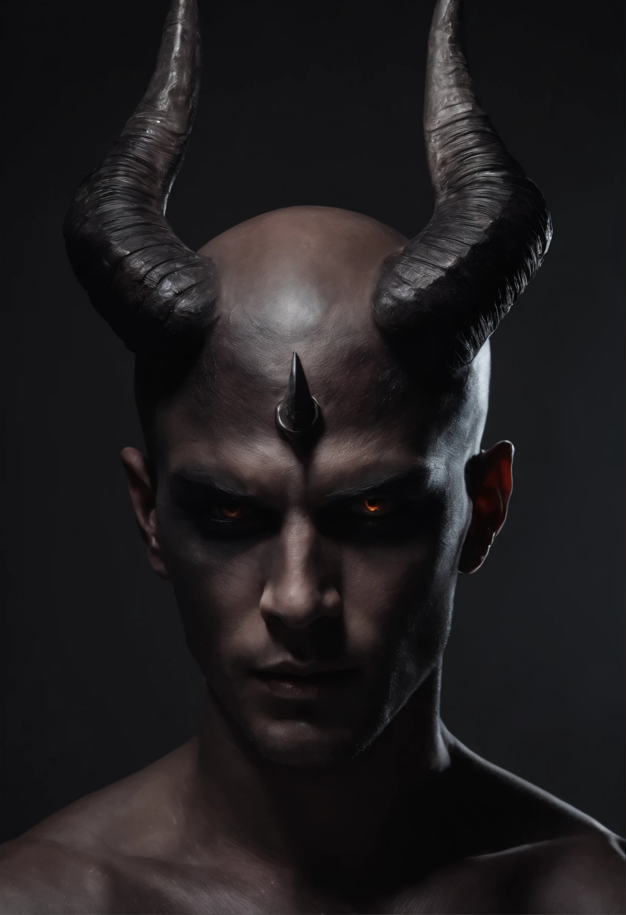 Portrait of a demon man with horns on a black minimal background, best quality, beautiful male model with horns, Nordic traits, classy, black make up, black metal make-up, close up, shirtless, lucifer representation, evil elegance, bare chest, muscular, creepy look, marked contrast, dark tones, bizarre fashion, ultra detailed, photorealistic, masterpiece, shaved head, 8k.