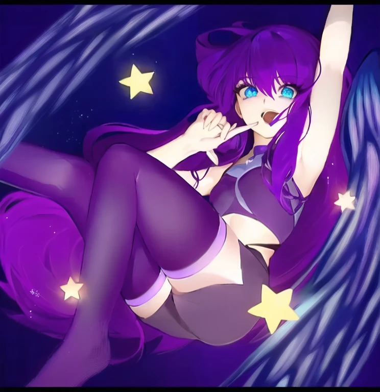 Cute girl with purple hair and blue eyes laying on a purple ball, flying cute esper, by :5 sexy: 7, nightcore, star guardian inspired, voidstar, spreading her wings, akasuki voidstar, demon cute girl, 