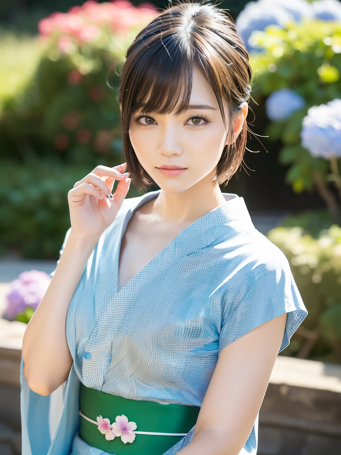 (highest quality:1.5), (Real:1.5), (1 person:1.5), Medium Shot, (Very detailed), (High resolution), 8k, medium breasts, Natural color lip, Japanese women, 24 year old girl, Thin eyebrows, Beautiful and elegant face, Cute face, Arched thin eyebrows, (Large, balanced eyes), Big Eyes, Fair skin, Beautiful and elegant face, Natural Bangs, Beautiful and thin nose, Beautiful Skin, Medium Bob Hair, Natural Bangs, Perfect and beautiful facial features, Slim face and figure, (Bright lighting), Professional Lighting, (Lighting from the front), Outdoor, Beautiful cleavage, 1 person girl, Cute and sexy slim 24 year old woman, Fair skin, , (yukata), (medium breasts), (A simple pose facing forward), (Beautiful Obi), Beautiful clavicle, (Japanese garden with hydrangeas blooming), hydrangea,