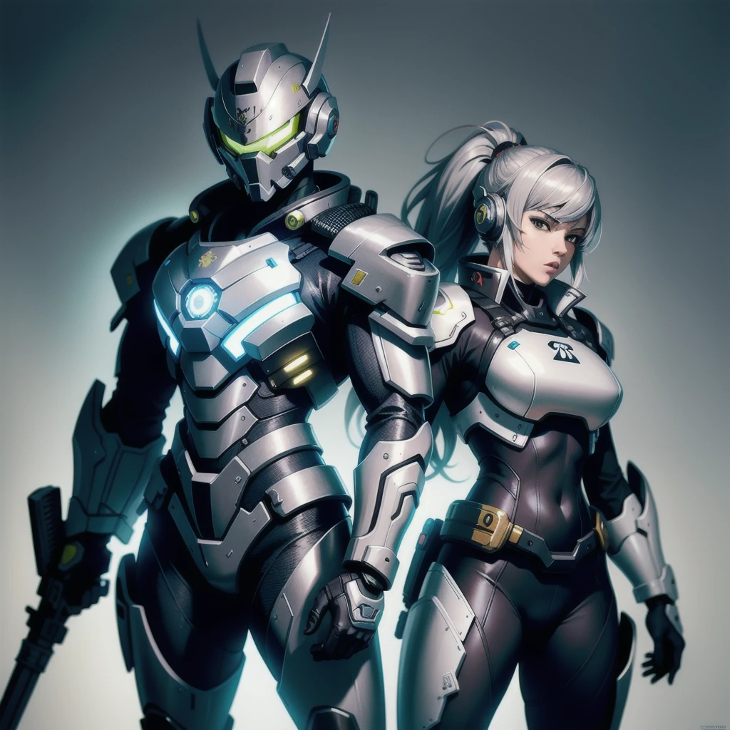 a man in futuristic suit, in the style of light gray and silver, dark green and white, samurai-inspired armor, neo-fantasy, hyper-detailed illustrations, male focus, weapon, helmet, power armor, gun, science fiction, rifle, armor, weapon on back, artist name, standing, higher quality ,enhaced edition , overwatch style, Masamune Shirow style,