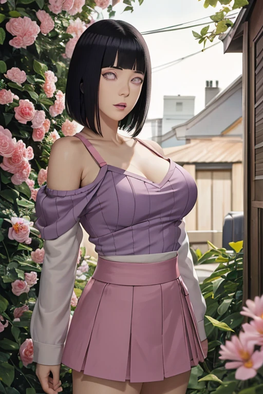 masterpiece, absurdres, hinata\(boruto\), 1girl, solo,mature female, off-shoulder strap bra, high waist short skirt, looking at viewer, (falling petals), perfect composition, detailed lips, big breast, beautiful face, body propotion, blush, (pink lips), long hair, purple eyes, soft gaze, super realistic, detailed, photoshoot, realistic face and body,