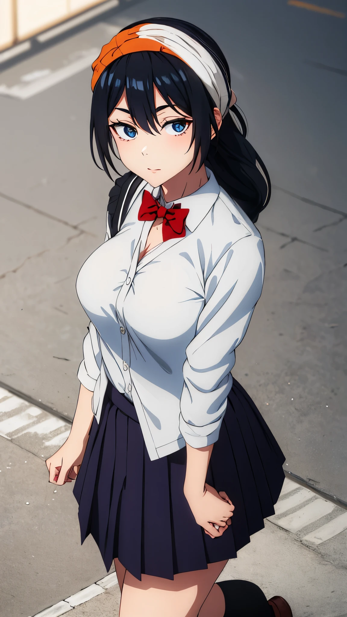 cleavage, masterpiece, best quality, highres, takarada rikka, rikka1, 1girl, takarada rikka, black hair, solo, blue eyes, wrist scrunchie, long hair, red socks, , black skirt, bangs, pleated skirt, orange scrunchie, red bow, white cardigan, long sleeves, bowtie, loafers, white shirt, miniskirt, white sweater, large breasts.