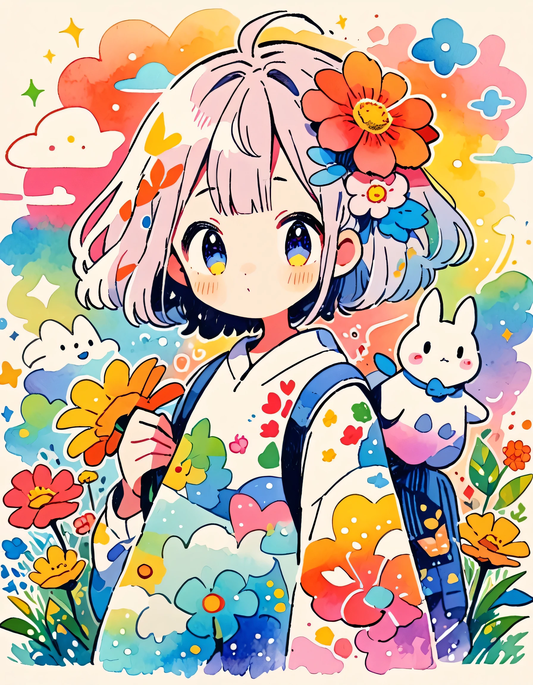 Hayao Miyazaki style, (((kawaii design))), The most beautiful girl of all time、Totoro、Totoro Forest、8K Quality、Intense watercolor, Detailed watercolor art, Watercolor splash, Surreal, avant-garde pop art, Beautiful and expressive paintings, Beautiful artwork illustration, Very colorful tones, wonderful, Cool beauty, highest quality、Official Art, Vector art, (((highest quality))), HDR, ((detailed)), (((Doodle Art)), ((masterpiece)), ((Super detailed)), (((Colorful flowers))), (((adventure)))