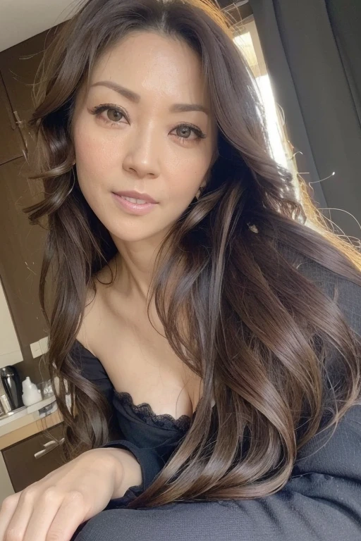 Browsing Caution, ((highest quality)), ((8k)), ((masterpiece: 1.3)), (Perfect appearance), (Photorealism: 1.6),
(In front of the sink), Japanese women, (40 years old), ((Realistic skin texture 1.8)), (Fine wrinkles appear all over the skin: 1.3), (Dullness: 1.1), (Unmoisturized skin: 1.2) , (Facial wrinkles: 0.9), (Wrinkles around the eyes: 1.2), double eyelid, Lower eyelid tear trough, (Crying Mole: 0.9), The eyes are looking here, Serious look, (Dimples: 1.2), A kind smile, The eyes are looking here, Short bangs, Long Hair, Wavy hair tips, Sexy Lingerie, (Voluptuous and glamorous body), (Wide sleeves), (Cuffs that fit your wrist), High heels, (whole body: 1.3), Low - Angle,