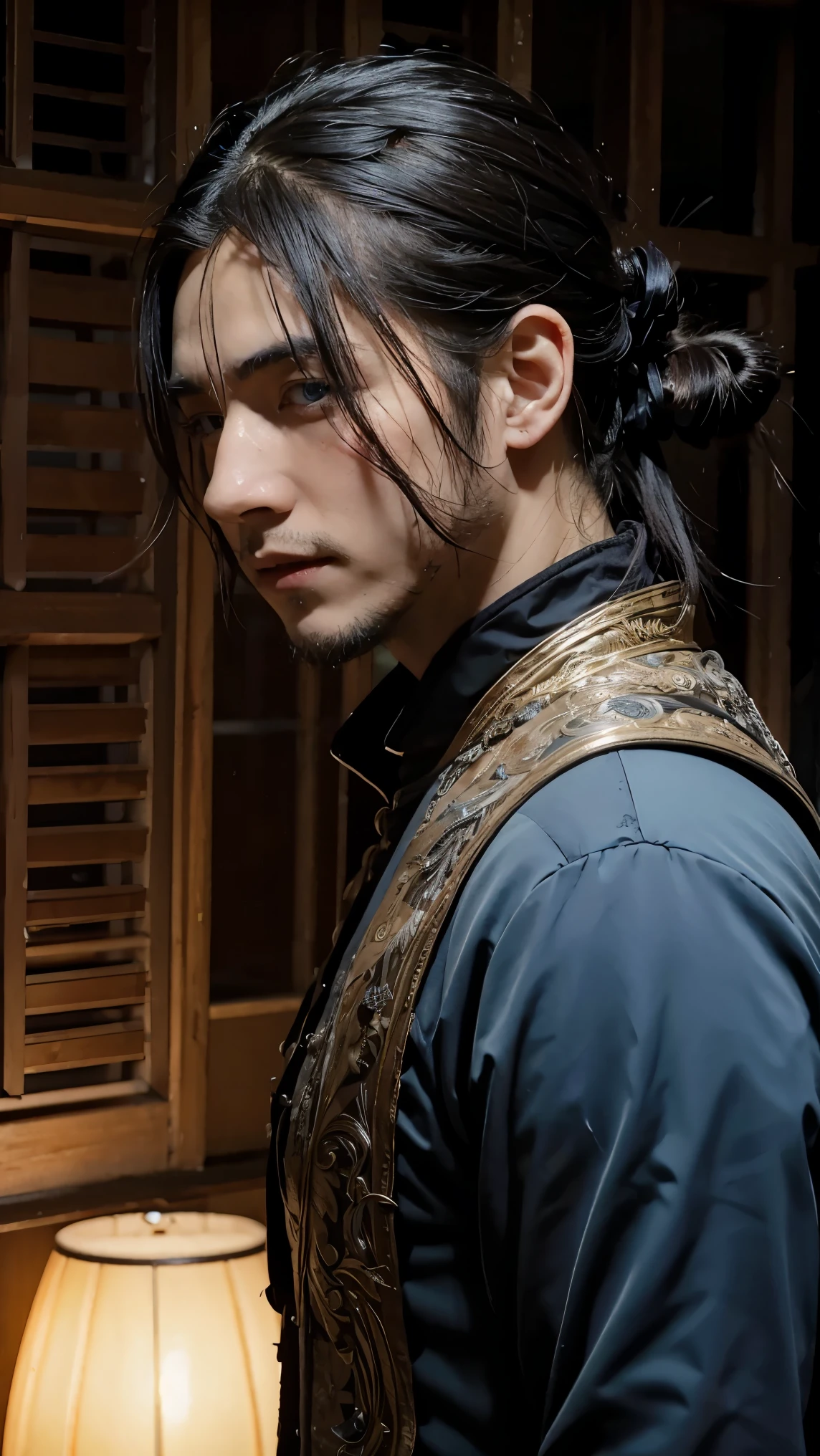 best quality, masterpiece, realistic, 1 man, a scourge Aasimar in DND setting,
, bard costume(inspired bu superman symbol:0.6) , (naruto uzumaki, uzumaki naruto:0.5), blue eyes, black hair, male focus, facial mark, manbun