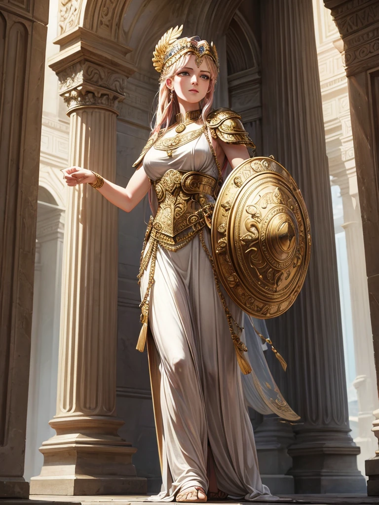 a beautiful detailed portrait of Minerva the Roman goddess of wisdom, war, the arts, industry, justice and purity, wearing an ancient greek/roman helmet, holding an owl and a shield, standing in an ornate temple interior with marble columns, dramatic lighting, highly detailed, photorealistic, cinematic, 8k, masterpiece, intricate details, hyper realistic, digital art, fantasy art, classical art style