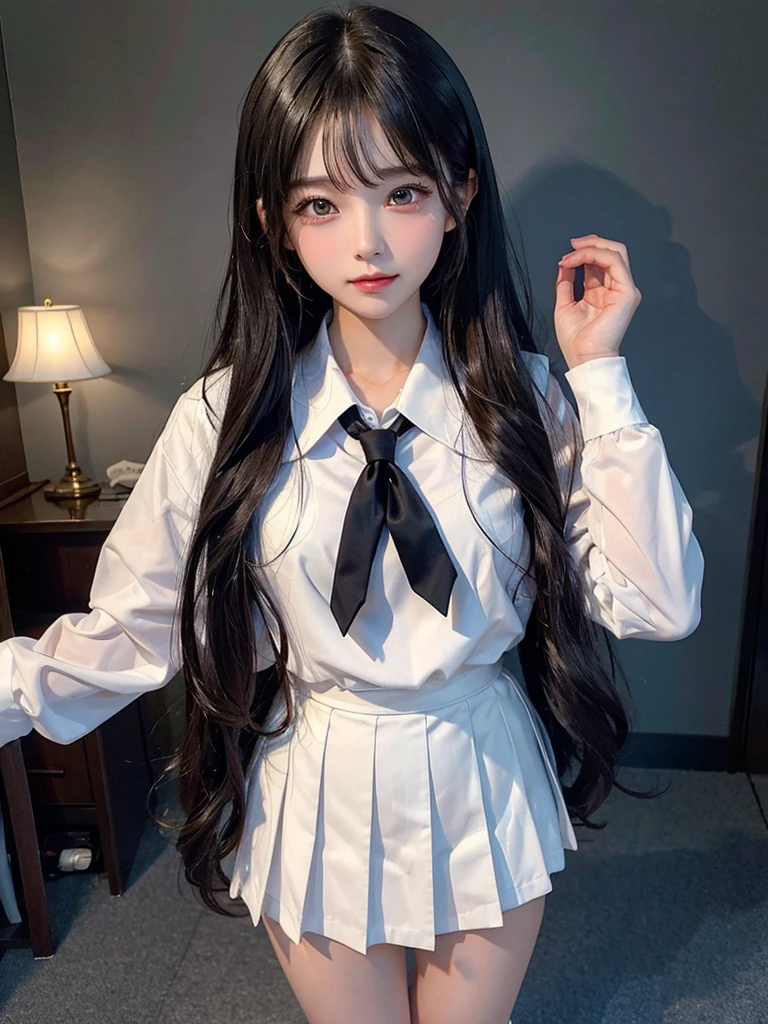 Detailed face、highlight、Asian Girl、thigh、breast enhancement、Black Hair、Heavy bangs、high school girl、skirt、