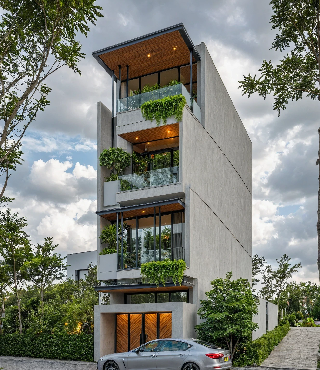 Masterpiece, high quality, best quality, authentic, super detail, outdoors, onestoreyvillaXL, aiaigroup, house style modern on the street ,stairs, white wall ,road,pavement, grass, trees, sky, cloud, (daylight:1.1)