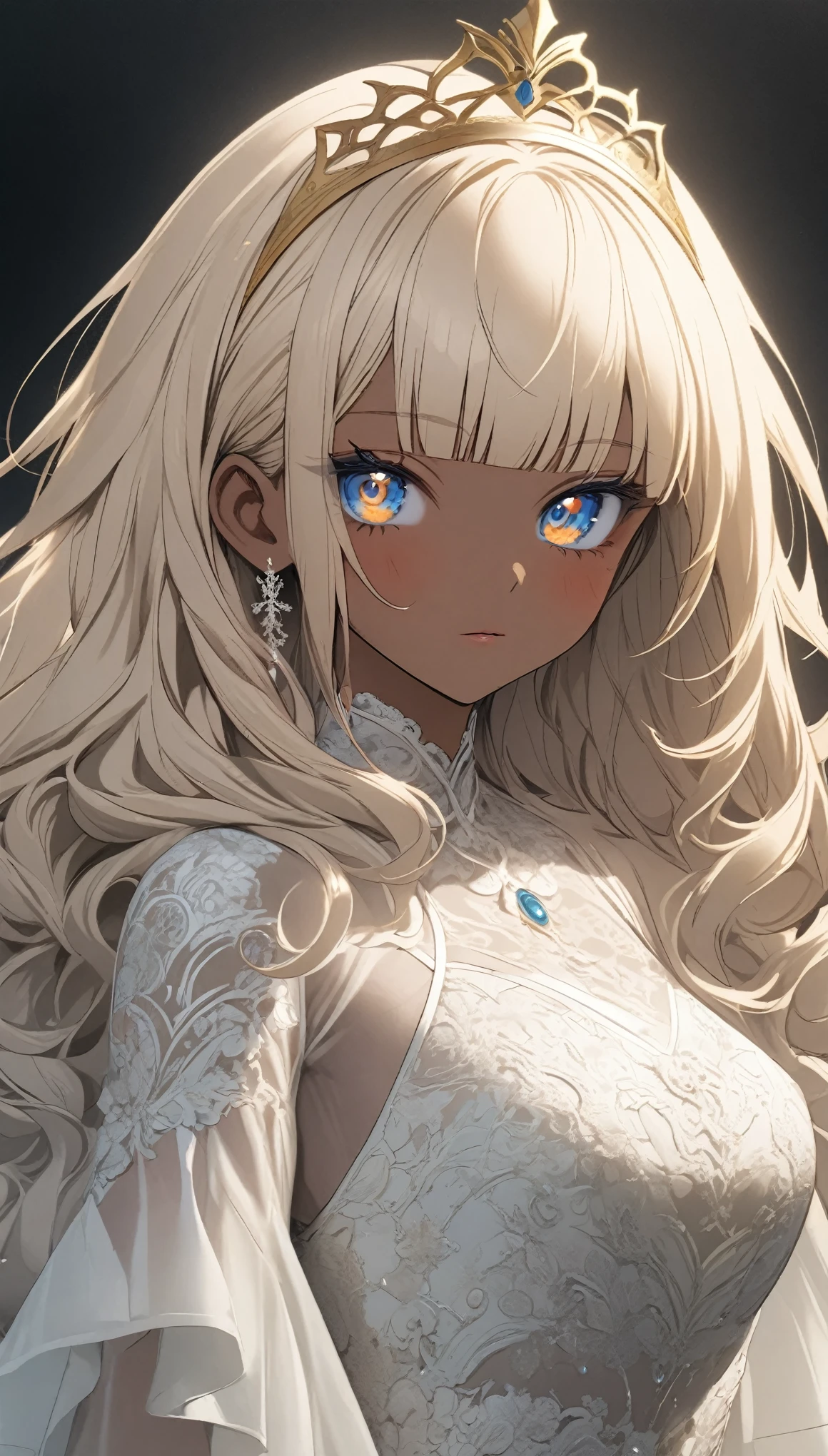 masterpiece, best quality, extremely detailed, high resolution, Japanese anime,1girl, (dark skin:1.2), gold hair, (medium length hair:1.4), (blunt bangs:1.3), curly hair, wavy hair, drill hair, (eye lashes:1.3), (eye brow:1.3), (blue eyes:1.5), (beautiful detailed eyes:1.4), (eyes half-closed:1.5), 130cm tall, original character, fantasy, (black background:1.2), beautiful fingers, standing, (blue orange-colored lace frill dress:1.5), (tiara:1.5) , shoot from front, looking at viewer