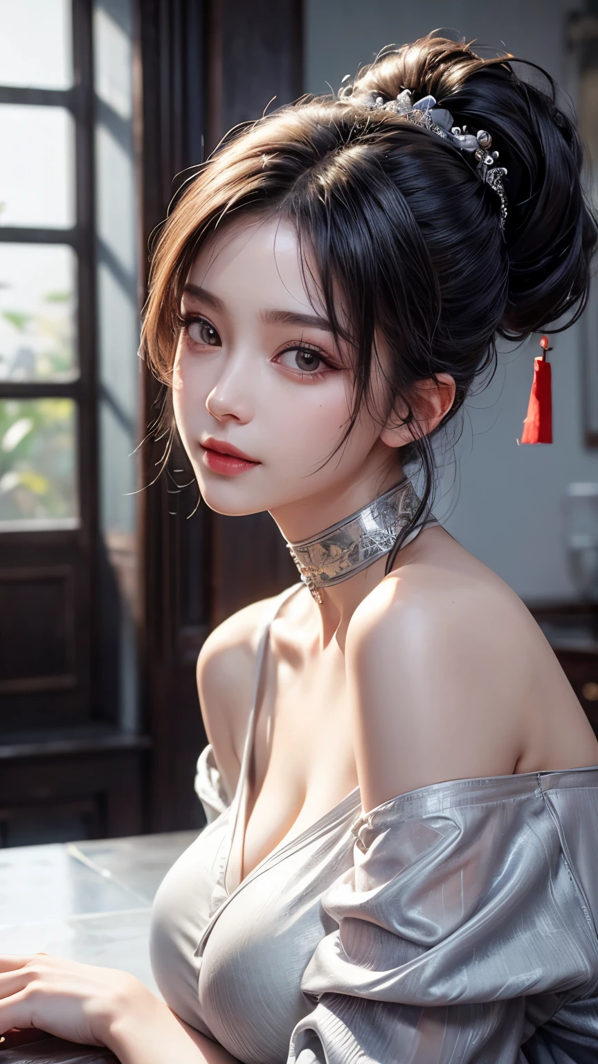 best quality, masterpiece, ultra high res, (photorealistic:1.4), 1girl, off-shoulder shirt, ((traditional chinese dress:1)), black choker, (faded ash gray hair:1), (huge breasts:1.2), looking at viewer, close up, from below:1.3, 