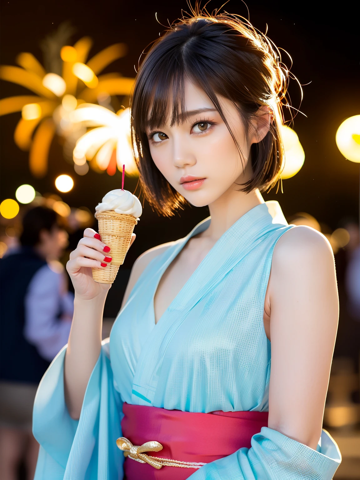 (highest quality:1.5), (Real:1.5), (1 person:1.5), Medium Shot, (Very detailed), (High resolution), 8k, medium breasts, Natural color lip, Japanese women, 24 year old girl, Thin eyebrows, Beautiful and elegant face, Cute face, Arched thin eyebrows, (Large, balanced eyes), Big Eyes, Fair skin, Beautiful and elegant face, Natural Bangs, Beautiful and thin nose, Beautiful Skin, Medium Bob Hair, Natural Bangs, Perfect and beautiful facial features, Slim face and figure, (Bright lighting), Professional Lighting, (Lighting from the front), Outdoor, Beautiful cleavage, 1 person girl, Cute and sexy slim 24 year old woman, Fair skin, (A dreamy look), (yukata), (medium breasts), (A simple pose facing forward), (Beautiful Obi), Beautiful clavicle, (Brightly colored fireworks burst into flames at a night festival), summer, holding a soft serve ice cream in one hand,