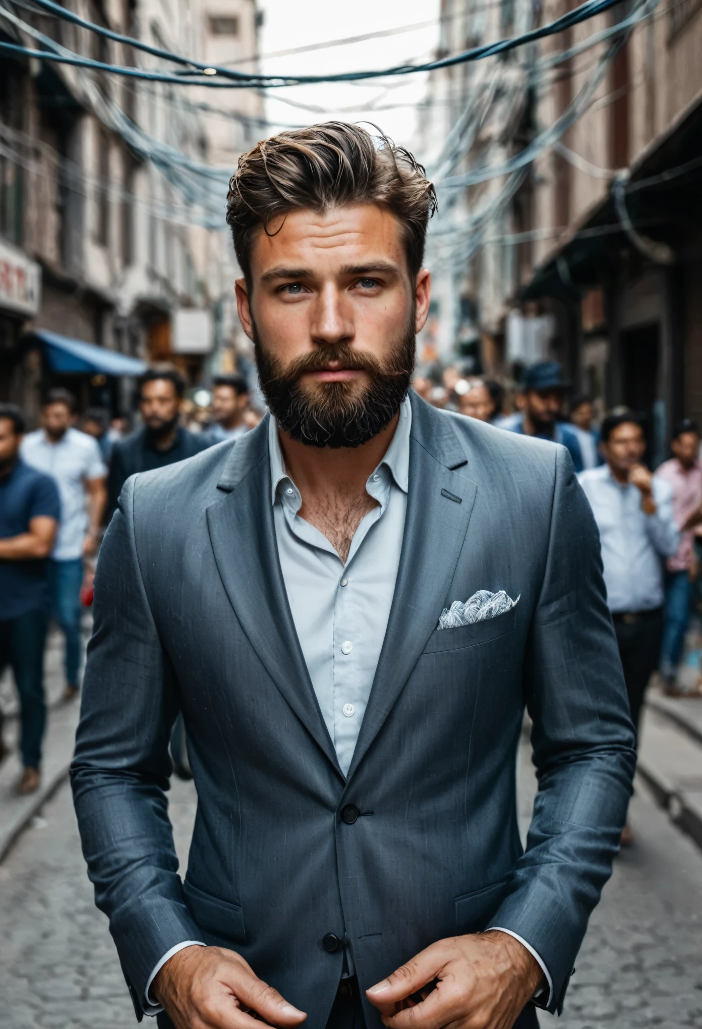 RAW photo, full body portrait of a beautiful man with a beard in a grey suite, he stands in a crowded street with tangled power cables, full sharp, detailed face, blue eyes, (high detailed skin:1.2), 8k uhd, dslr, soft lighting, high quality, film grain, Fujifilm XT3 dappled light on face, pale skin, skin pores, oiled shiny skin, skin blemish, imperfect skin, intricate skin details, visible skin detail, detailed skin texture, blush, wrinkles, vitiligo spots, moles, whiteheads, blackhead, white pimples, red pimples, beauty spot, skin fuzz, [[[[[freckles]]]]] (perfect eyes), ((perfect hands with four fingers and one thumb each))