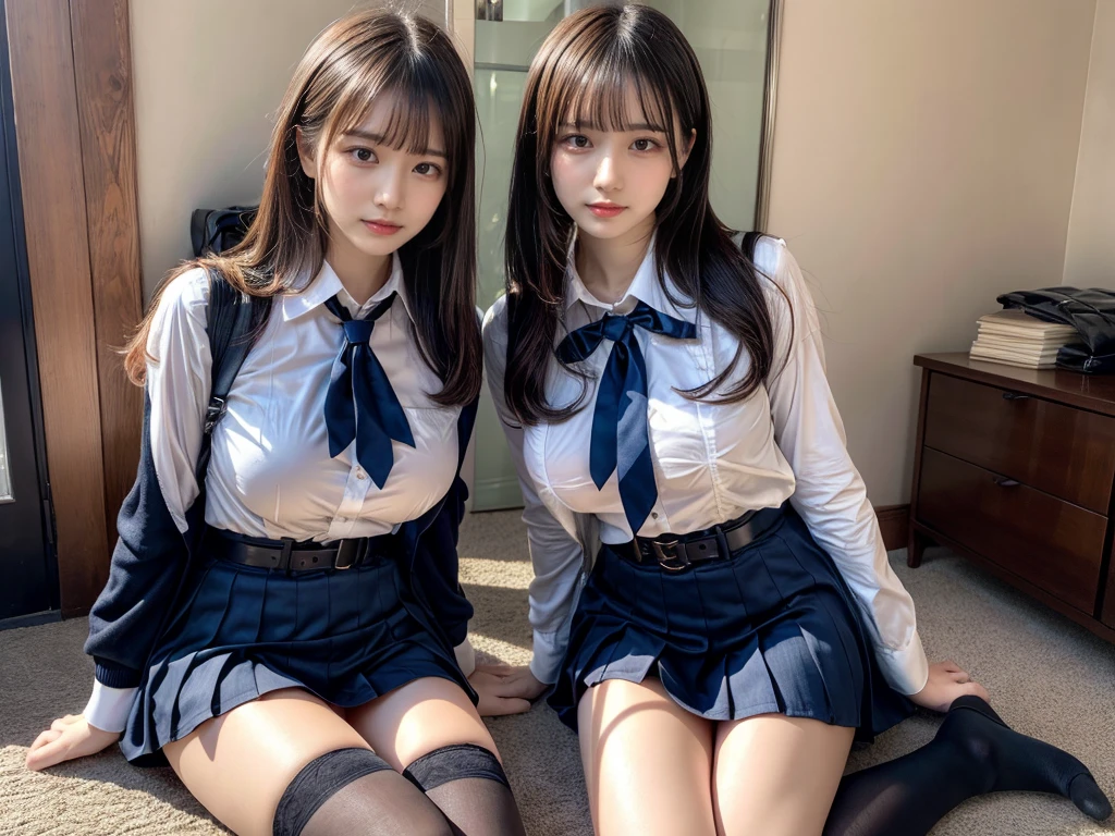 (8K, Raw photography, top-quality, masterpiece:1.2), master piece, best quality, illustration, Super detailed, fine details, High resolution, 8K,wall paper, perfect dynamic composition,(Details High quality, realistic depiction of eyes:1.3), ((2 girls, 2 schoolgirls)), The background is a luxury hotel room、High school girl uniform、blazer 、Super Short Check Uniform Skirt、Navy blue high socks、garterbelts、Colossal tits、Disturbed uniform, Play with each other,Touching each other's bodies,Touching the body of the girl next door, short bob hair, black hair color, huge breasts, Big Natural Color Lip, bold sexy pose, (perfect body shape), crying a little、cold gaze, Beautiful makeup,glitter makeup,Cutest 18 years old, beautiful legs, hposing Gravure Idol, Voluptuous thighs