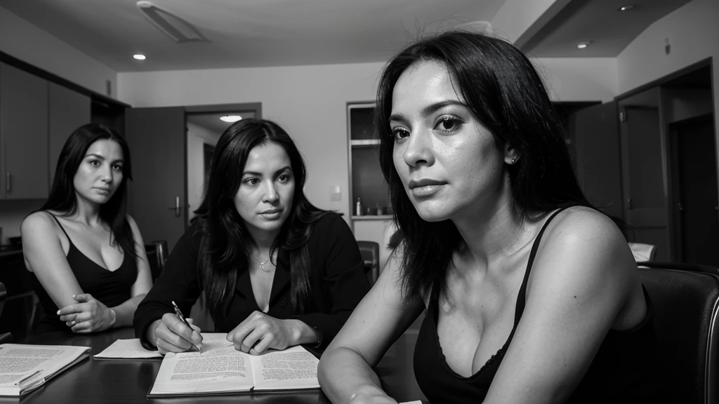 A woman, black hair, Brazilian, panoramic view, studying and defending her ideas in a room with your colleagues, Her age, though not explicitly stated, exudes a sense of maturity and wisdom. Her face and features are incredibly detailed, each line. sepia, old style