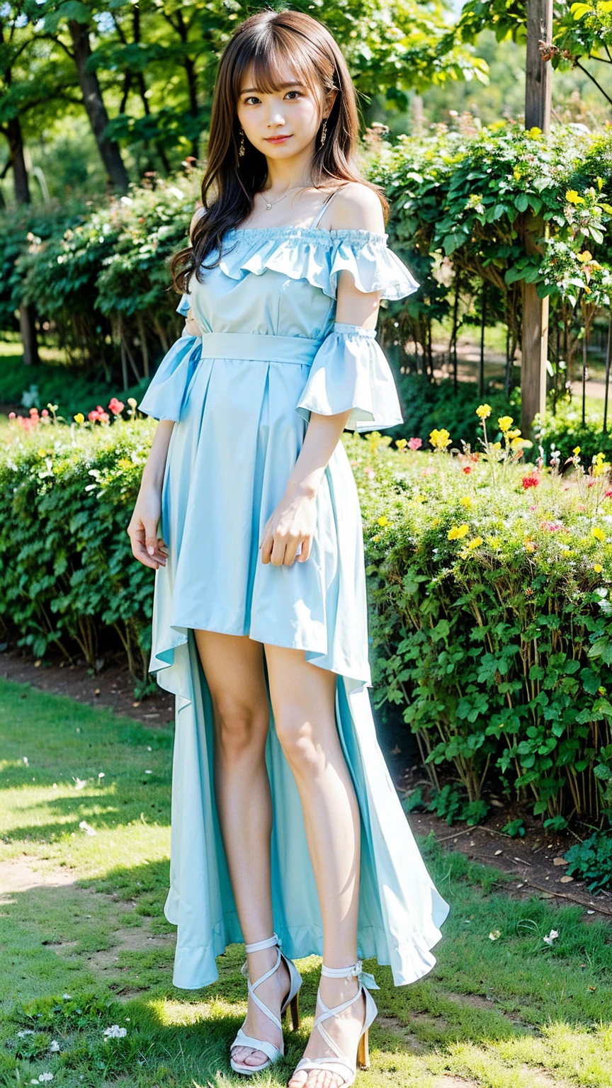 (8k、RAW Photos、highest quality、masterpiece:1.2)、(Realistic、Realistic)、1 girl、((White and light blue dress、Long skirt、Sandals、Off the shoulder、Frills、Ribbon on chest、Long Hair、Curly Hair、garden、smile、Big Breasts、View from the front、whole body、Standing with hands on hips))、Lots of eyelashes、Glowing eyelids、skeletally correct