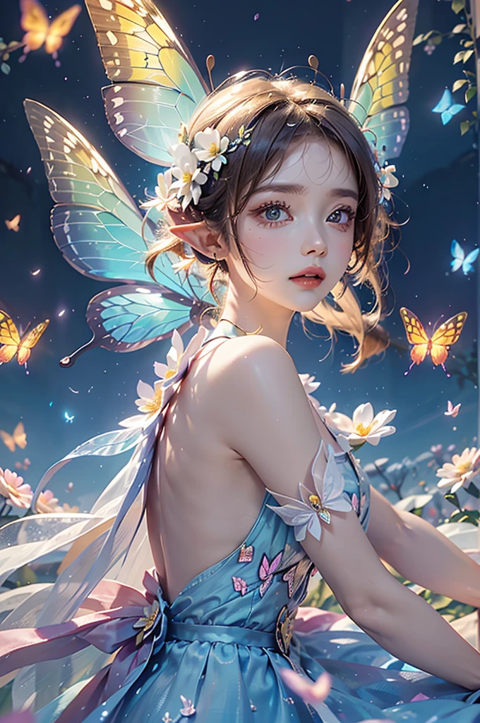 best quality,masterpiece,16k,1girl,Butterflies on the Head,Butterfly on shoulder, antennae,Butterfly in hand, blonde hair, blue butterfly, blue flower, blue wings, blurry, blurry background, blurry foreground, butterfly, butterfly hair ornament, butterfly on hand, butterfly wings, daisy, depth of field, earrings, fairy, fairy wings, flock, flower, flying, garden, glowing, glowing butterfly, glowing wings, hair ornament, ice wings, insect wings, lily \(flower\), lotus, motion blur, multicolored wings, nose, on head, on shoulder, pink flower, pink wings, pointy ears, purple flower, short hair, solo, stud earrings, upper body, vaporeon, white butterfly, white flower, wings, yellow butterfly, yellow flower, yellow wings,Dawn Elf,dawn,glow,Glowing wings,Dress,Multiple butterflies,Glowing Butterfly