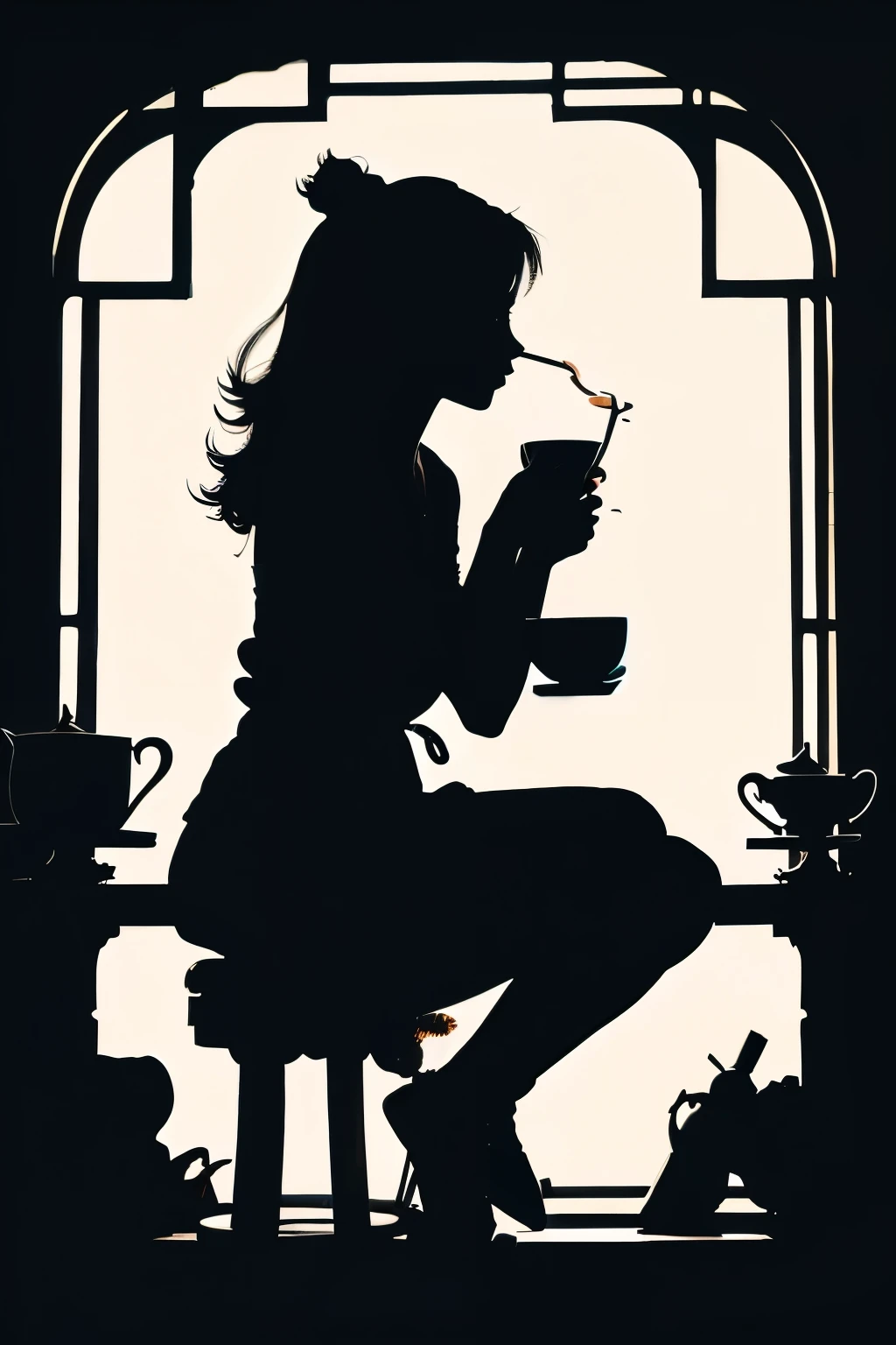 An illustration、Silhouette image、black、Asian woman、Drinking tea from a teacup、sit、beside、full body