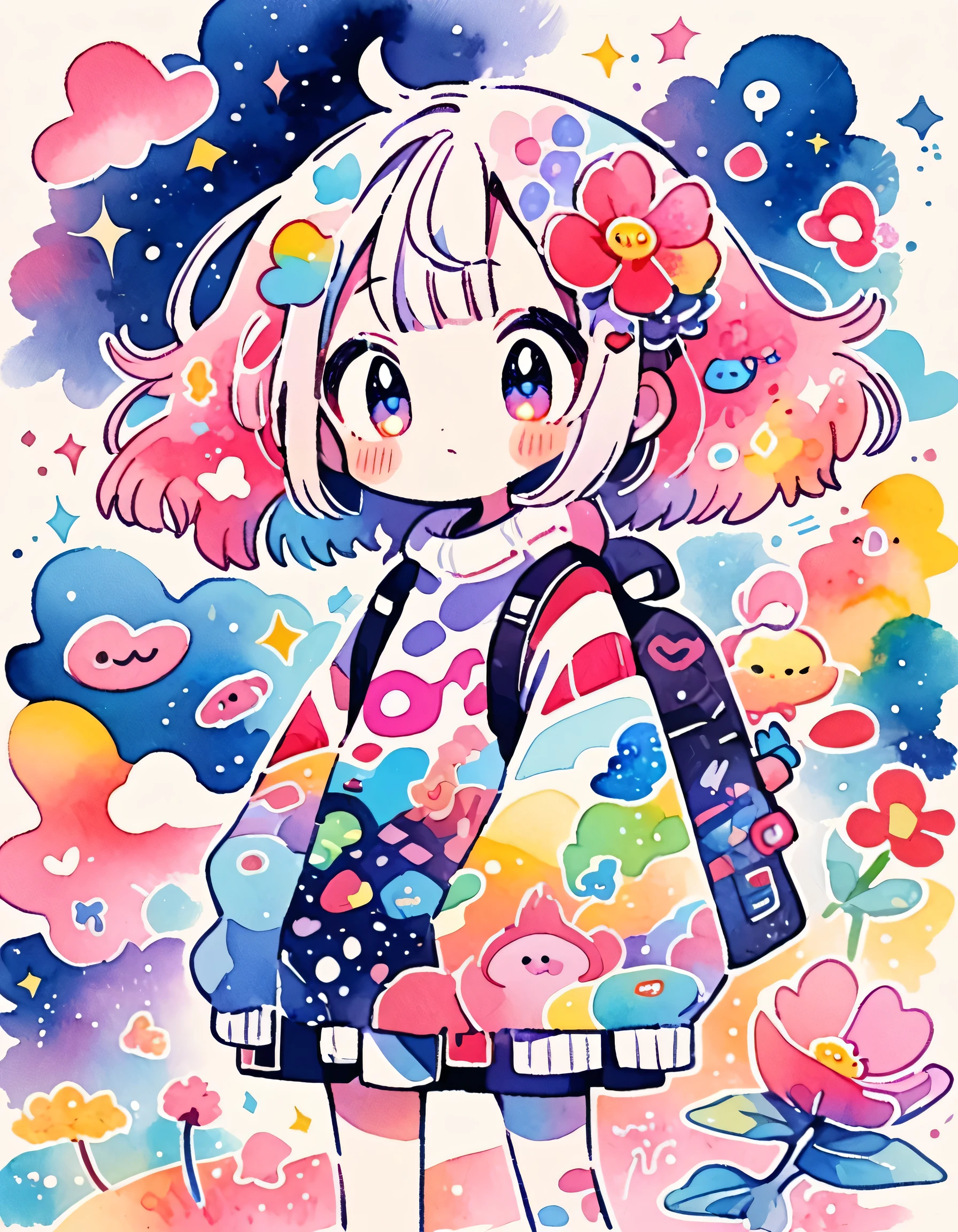 Akira Toriyama style, (((kawaii design))), The most beautiful girl of all time、Lovely aliens, galactic universe、8K Quality、Intense watercolor, Detailed watercolor art, Watercolor splash, Surreal, avant-garde pop art, Beautiful and expressive paintings, Beautiful artwork illustration, Very colorful tones, wonderful, Cool beauty, highest quality、Official Art, Vector art, (((highest quality))), HDR, ((detailed)), (((Doodle Art)), ((masterpiece)), ((Super detailed)), (((Colorful flowers))), (((adventure)))