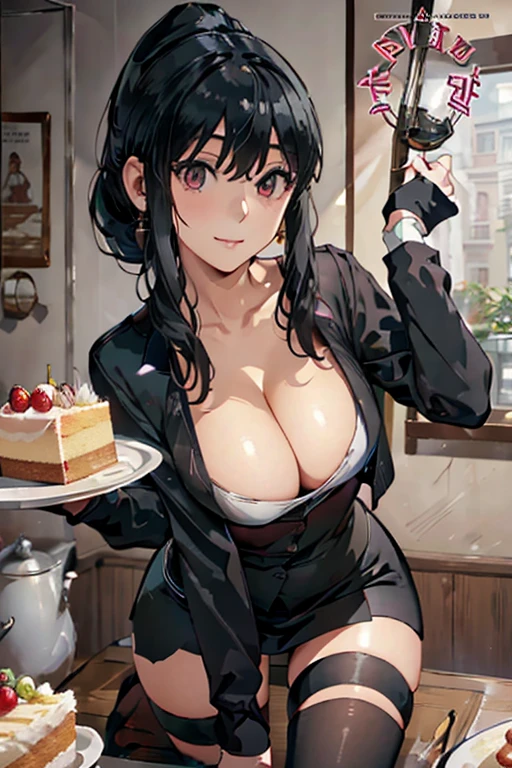 1 girl, small nose, very beautiful detailed face and eyes, bright colors, cute face, delicate beautiful face, Bright magenta eyes, cute eyes, sparkling eyes, Big eyes, (small breasts:1.3), (perky chest:1.1), (pointed chest:1.0), (cake magazine cover:1.3),highest quality, WorKs of masters, High resolution,BlacK color hair,shiny hair, side ponytail,hair between eyes,bangs, (black jacket, real clothes, cleavage, black skirts, black thighhighs, thigh strap, fingerless gloves, single glove:1.2) , spread legs, panties shot, medium hips, glamorous body, white skin, smile, thin pubric hair, super beautiful face, Super beautiful eyes, Super beautiful hair,trendy outfit,sexy and attractive,full body esbian, Real World, Natural light,perfect Natural light,(with sparkling eyes and a contagious smile), This masterpiece is not only visually stunning but also tells, A scene of cooking in the kitchen, open mouth, looking at viewer,