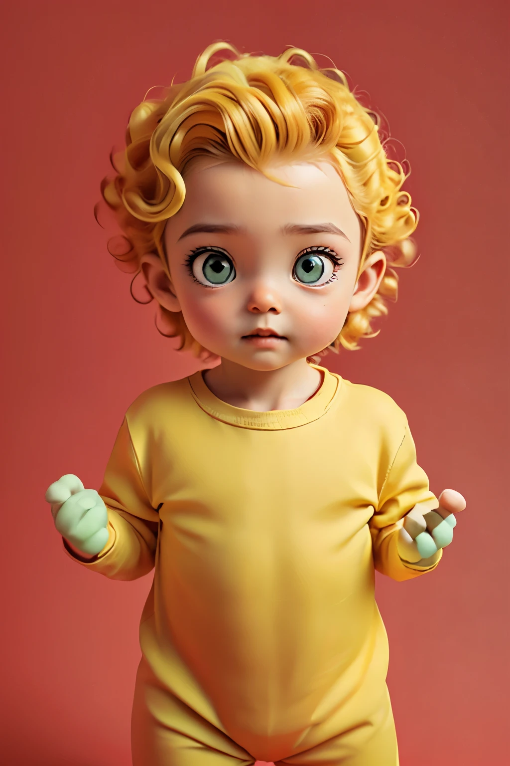 photo of 3 years old boy, (plain photography studio background:1.6), epiC35mm, film grain,  (red color plain background:1.6), green dinosaur costume, ((curly long yellow hair)) photo of perfecteyes eyes, perfecteyes eyes