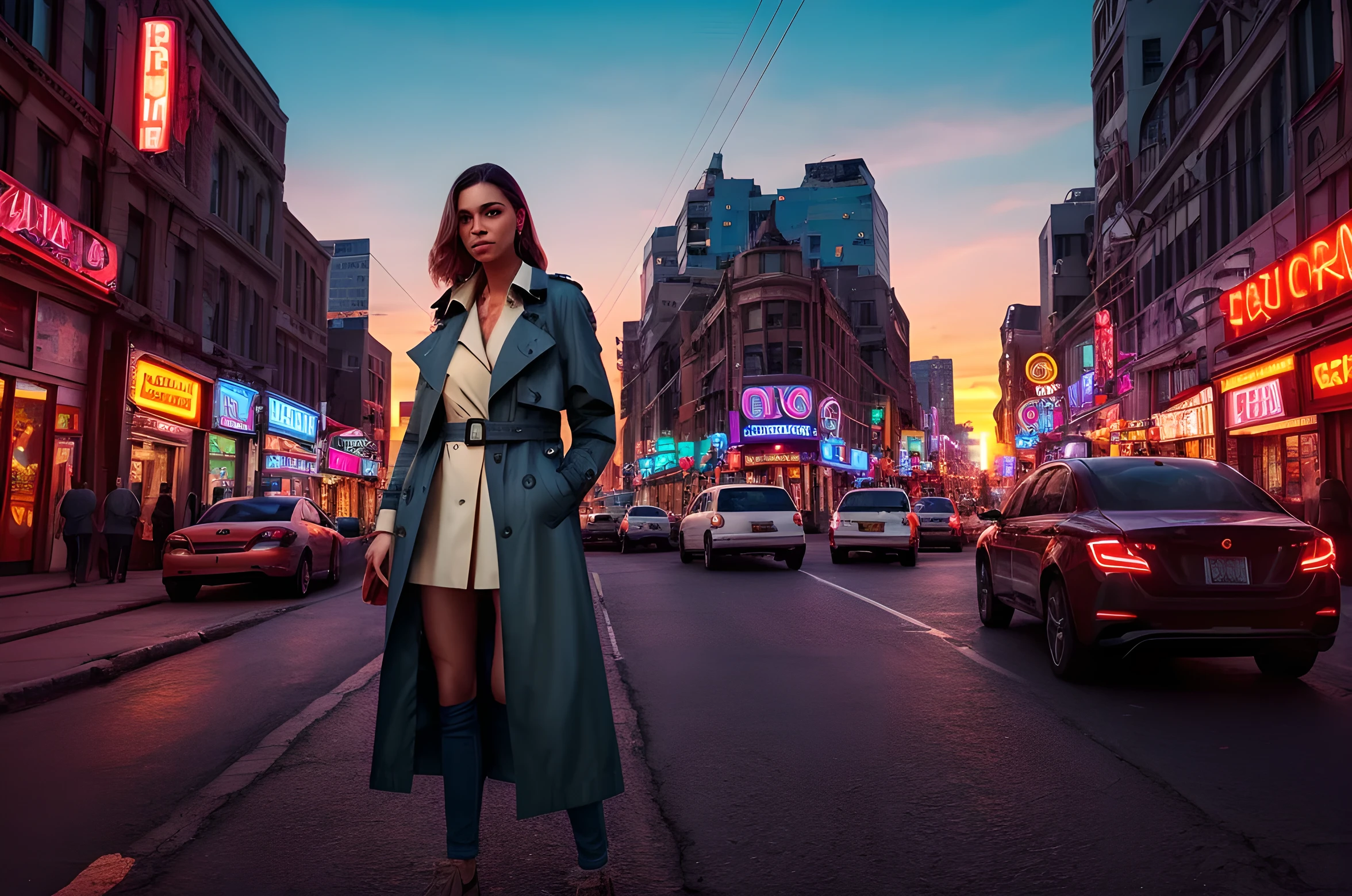 A woman,Wearing a trench coat,Behind me is the sunset street of the city,The streets are lined with buildings and neon lights,4k,Photorealism,Ultra-fine details,The best colors