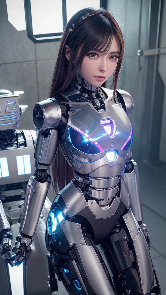 top-quality、masterpiece、超A high resolution、(Photorealsitic:1.4)、((a beauty girl:1.6)), 1 full-body cyborg girl、sixteen years old、NOhumans、((The chest is covered with black metal chest armor)), ((The flesh-colored part is only the face)), Inside the spacecraft of the future、((The skin part is only the face)), Luminous Eyes、((Lots of split metal chest protectors)), Metal Robot、((The whole body is the body of a combat robot))、((Body parts are robot parts:1.8))、((The internal mechanisms of the chest are exposed)), ((Mechanical chest armor with LED indicators and meters)), Robot arms and legs、((Exposed metal skeleton of the abdomen))、Metal skeleton of the cervical region、Under repair、destroyed body、Metal Mechanical Bra、Full Body Metal Skin、Metal bodysuit、Metal scales covering the whole body、body made of metal、Whole body metal、a beauty girl、prosthetic hand、artificial leg、Full body cyborg、Exposed metal skeleton、Asian Beauty、cyberpunked、steampunc、Inside the futuristic space battleship、laboratory、Complex 3d rendering beautiful porcelain profile ultra detailed female type android face、dark brown hair、glowy skin、((super realistic details))、portlate、globalillumination、Shadow、octan render、metals、Details of complex ornaments、Japan details、highly intricate detail、Realistic light、CGSoation Trends、a purple eye、radiant eyes、Facing the camera、neon detailechanical limbs、blood vessels connected to tubeechanical vertebrae attached to the back、mechanical cervical attaching to neck、sitting on、Wires and cables connecting to the head、Gundam、Small LED lamp、masterpiece、 Metal Robot、body made of metal、Whole body metal、prosthetic hand、artificial leg、Full body cyborg、Exposed metal skeleton、Asian Beauty、cyberpunked、steampunc、Futuristic cities、laboratory、Complex 3d rendering beautiful porcelain profile super detailed female android face、cyborgs、roboticparts、150mm、beautiful studio soft light、Rim Lights、vibrant detail、luxuriouscyberpunk、Ren Hao、surrealistic、Anatomical、face muscles、cable elec