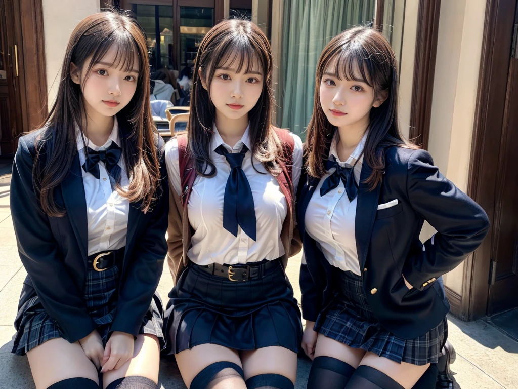 (8K, Raw photography, top-quality, ​masterpiece:1.2), master piece, best quality, illustration, Super detailed, fine details, High resolution, 8K,wall paper, perfect dynamic composition,(Details High quality, realistic depiction of eyes:1.3), ((2 girls, 2 schoolgirls)), The background is a luxury hotel room、High school girl uniform、blazer 、Super Short Check Uniform Skirt、Navy blue high socks、garterbelts、Colossal tits、Disturbed uniform, Play with each other,Touching each other's bodies,Touching the body of the girl next door, short bob hair, black hair color, huge breasts, Big Natural Color Lip, bold sexy pose, (perfect body shape), crying a little、cold gaze,  Beautiful makeup,glitter makeup,Cutest 18 years old, beautiful legs, hposing Gravure Idol, Voluptuous thighs