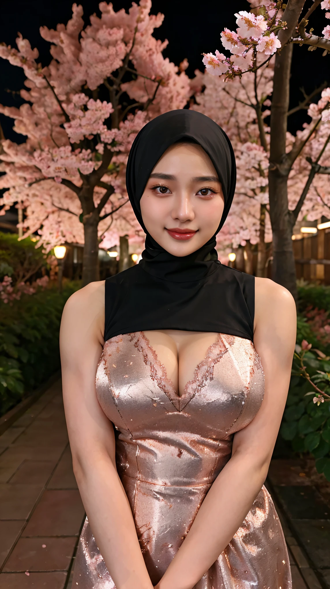 Beautiful Japanese , 18 Years Old Woman , Rose-Gold Hijab Muslim Dress , ((Rose-Gold)) , She Have Beautiful Black Retina , Colossal Breasts , Big Chest , ((Sleeveless)) , Lace , Glow Makeup , ((Muscles:1.3)) , Whiten Skin , Sexy Look , Dramatic Photography , Rose Gold Coloured , 8K , High-Res , ((Sakura:1.18)) , Smile