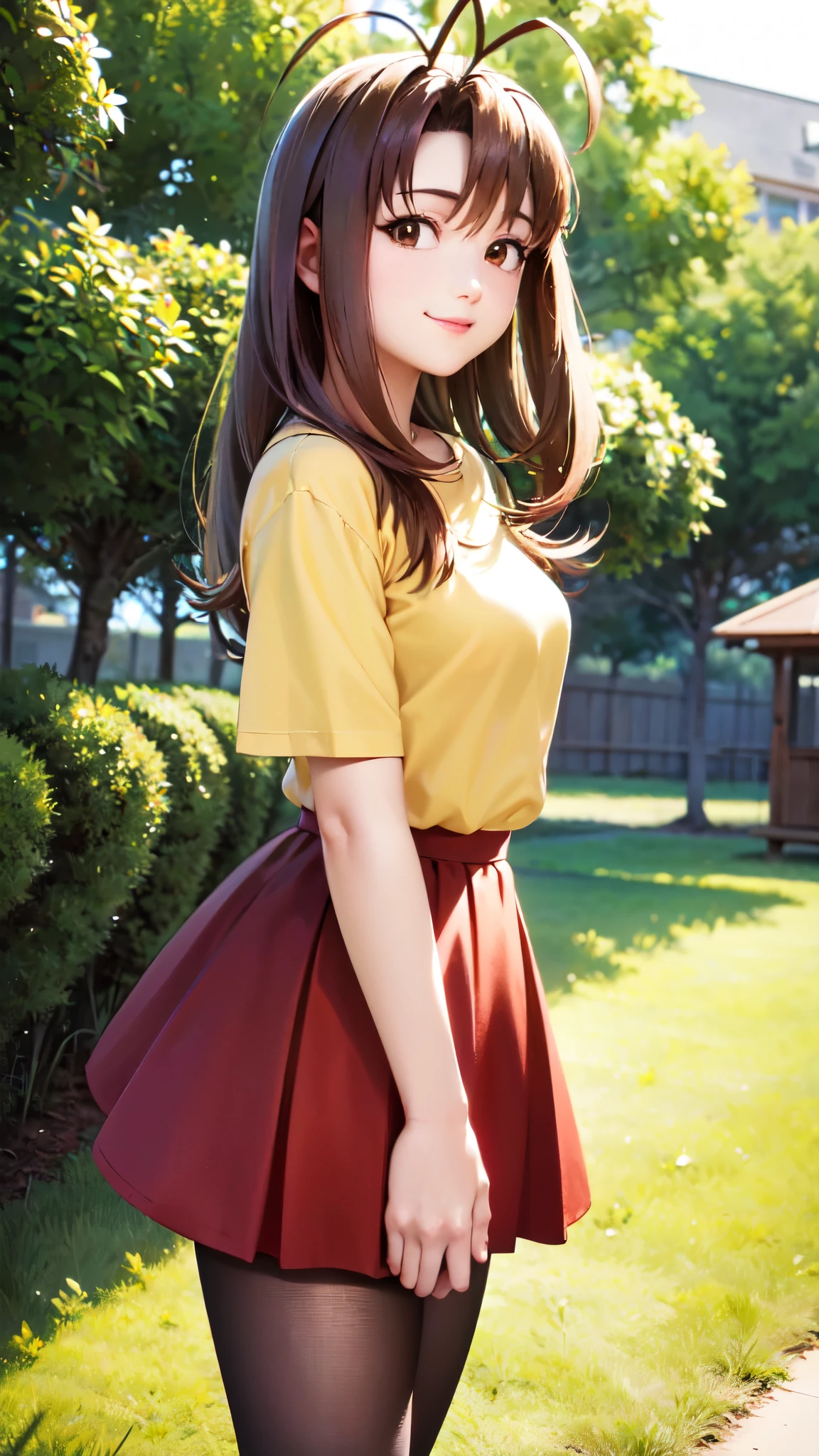 (masterpiece, best quality:1.2), cowboy shot, solo, 1girl, narusegawa naru, smile, looking at viewer, antenna hair, yellow shirt, short sleeves, red skirt, pantyhose