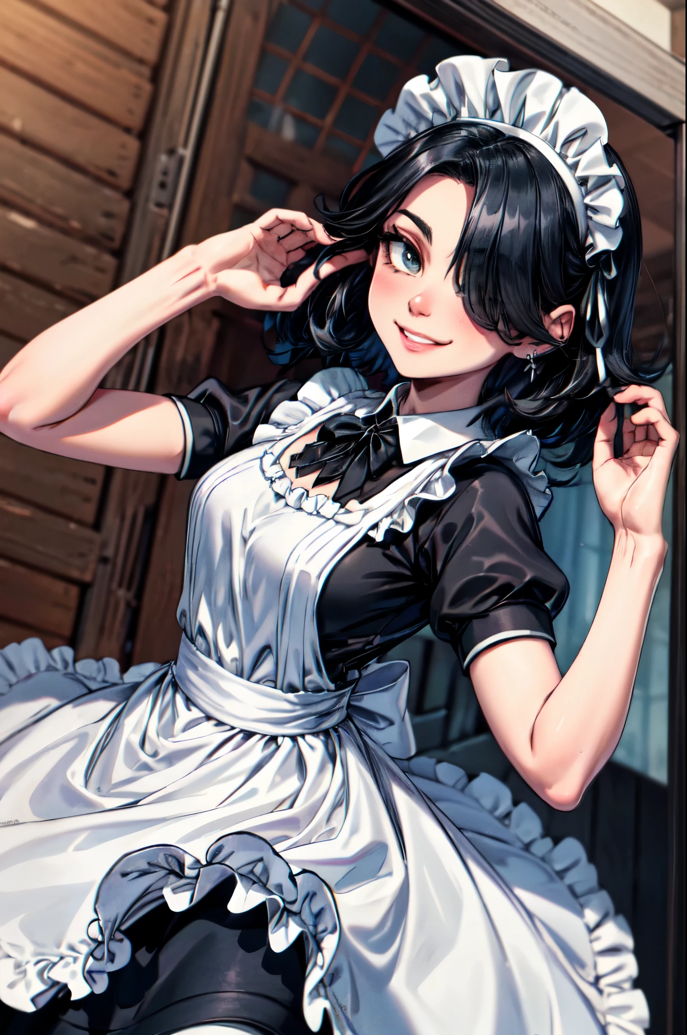 (masterpiece), best quality, (((ultra detailed, 8k quality))), expressive eyes, perfect face, perfect anatomy, perfect body, scene, AzumaFubuki, long hair, hair over one eye, hair ribbon, elegant, maid, maid headdress, smile, skirt hold, garden,