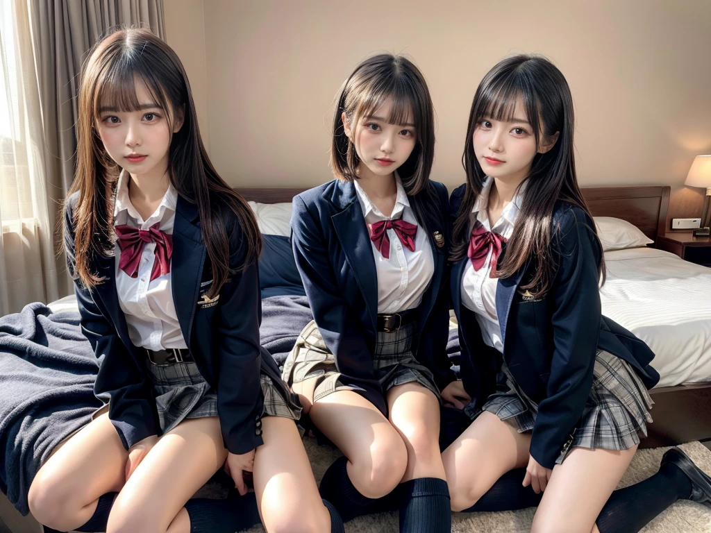 (8K, Raw photography, top-quality, masterpiece:1.2), master piece, best quality, illustration, Super detailed, fine details, High resolution, 8K,wall paper, perfect dynamic composition,(Details High quality, realistic depiction of eyes:1.3), ((2 girls, 2 schoolgirls)), The background is a luxury hotel room、High school girl uniform、blazer 、Super Short Check Uniform Skirt、Navy blue high socks、garterbelts、Colossal tits、Disturbed uniform, Play with each other,Touching each other's bodies,Touching the body of the girl next door, short bob hair, black hair color, huge breasts, Big Natural Color Lip, bold sexy pose, (perfect body shape), crying a little、cold gaze, Beautiful makeup,glitter makeup,Cutest 18 years old, beautiful legs, hposing Gravure Idol, Voluptuous thighs