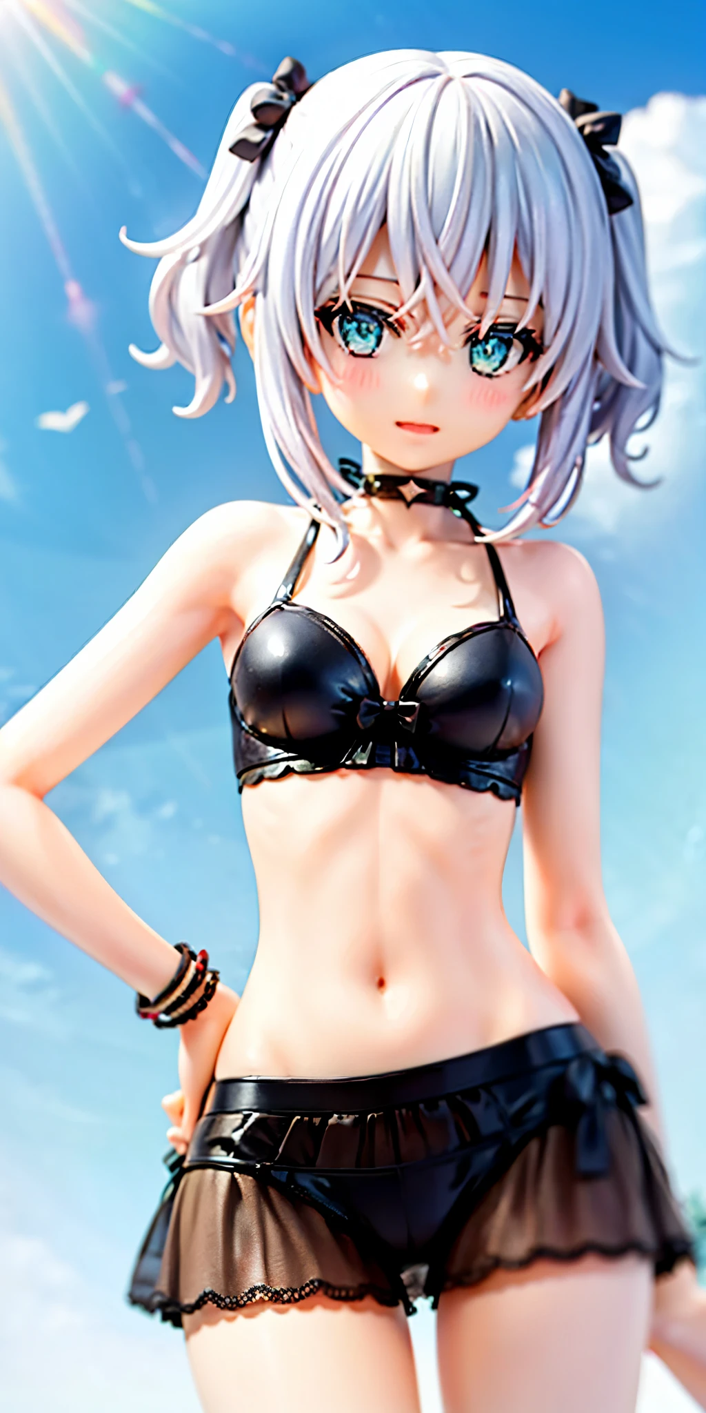 Bikini , alone, cute, shy, {best quality}, {{masterpiece}}, girl, solo, sharp focus, {{{character{{{1 girl}}}}}}, solo, beautiful eyes, blue eyes, silver hair, {{{{{sharp focus}}}}}, {{{{half body}}}}, cute pose