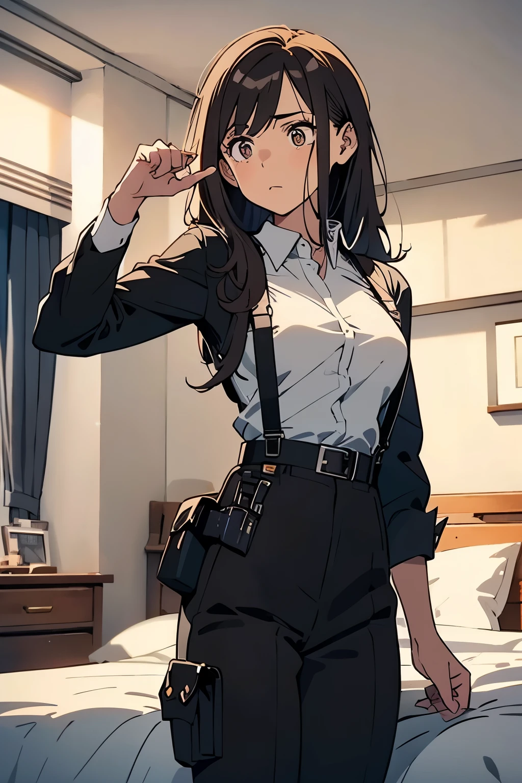 Brown Hair、Staring at the audience　　　Black suspenders　　　bulging big breasts　　 　 　　　wall: 　Black pantsuit　　　　　　sight　　　Small face　 　　　holster　　　Beautiful woman　　Show your hand　　 Lying in bed　　sight 　　Taunt　side　side汗 　arm　Dress shirt　Black Suit　belt