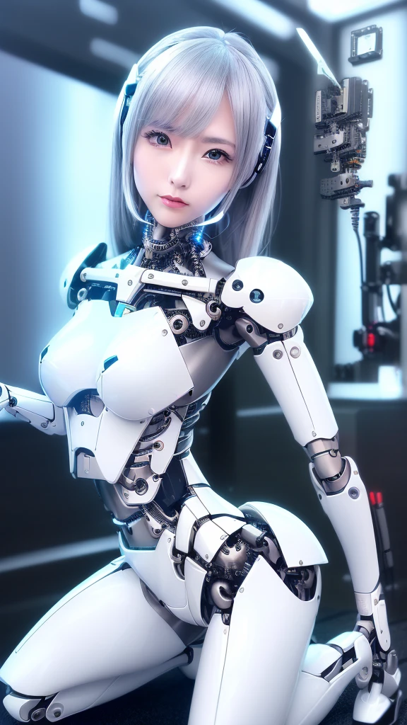 ((masutepiece)), ((top-quality), high quarity、ultra-definition, (Realistic、photoRealstic),  ((well proportioned face))、fulcolor 、(Science fiction)、(solo)、Beautiful robot woman、Disassembly Combat Robot、(Perfect robot joint:1.5)、(Detailed electronic board:1.2)、(Machine frame)、(White porcelain mechanical armor)、(Oval curvaceous face)、(machine components:1.2)、(Almond-shaped eyes without emotion)、thin mouth、deadpan、(Perfect mechanical two-handed:1.4)、((Cyber City Road during the day))、Perfect robot legs、high-heels、Kneeling